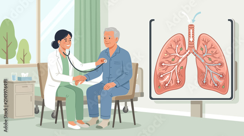 Doctor examines patient's lungs with stethoscope, medical illustration on screen