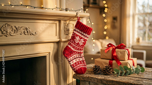 Red and white Christmas stocking on a fireplace mantel
