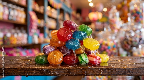Colorful pile of sticky hard candies melting on a rustic wooden counter inside a vintage sweet shop