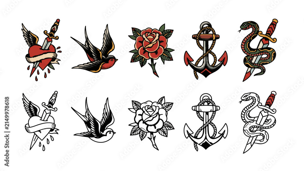 Obraz premium Traditional Tattoo Flash Art Elements Bundle Color and Line Art
