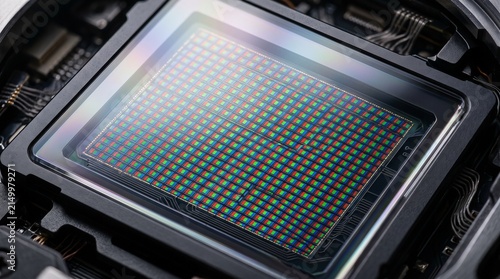 Macro photograph of digital camera image sensor displaying RGB pixel array color filter grid