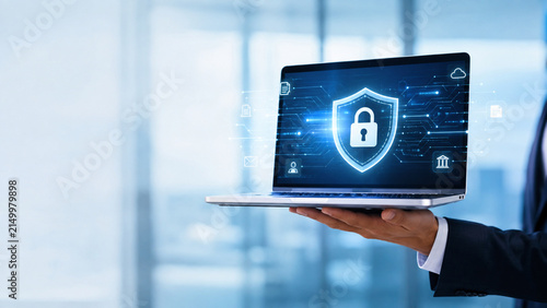 Hand Holding Laptop With Floating Cybersecurity Icons