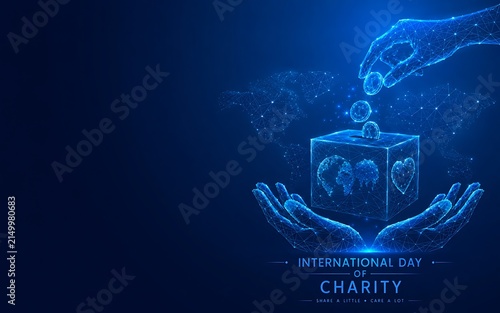 Abstract wireframe donation box with heart and helping hands.international day of charity donation philanthropy wireframe technology illustration.international day of charity