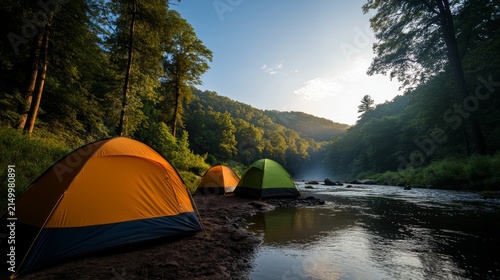 Riverside Camping Serenity: Three colorful tents are pitched beside a tranquil river, nestled within a lush, sun-dappled forest valley. The morning sun casts a golden light.