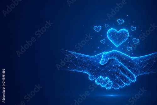 Polygonal wireframe of shaking hands and hearts concept.international day of charity with handshake cooperation business partnership agreement donation.international day of charity