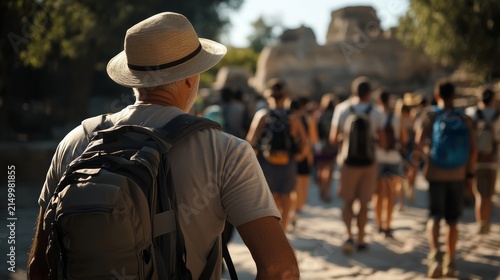 Group of Tourist Walking Through Ancient Ruins