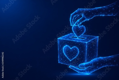 Digital wireframe graphic of hands putting a heart into a donation box symbolizing generosity.international day of charity with donation, philanthropy.international day of charity