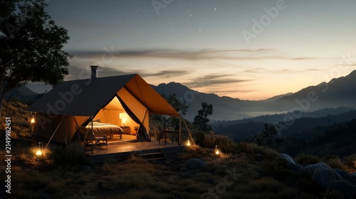 Glamping Under the Stars: A cozy, illuminated glamping tent sits on a scenic hilltop, offering a breathtaking view of rolling mountains at dusk, promising a tranquil escape.