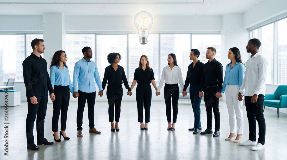 Fototapeta premium Diverse team holding hands in circle looking at glowing lightbulb, modern office with windows, collaborative innovation, teamwork, business meeting, corporate culture, brainstorming session, idea