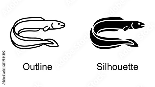 Foto Eel Iconography: A comparative study showcasing the outline and silhouette of an eel, highlighting its distinctive elongated body and serpentine form