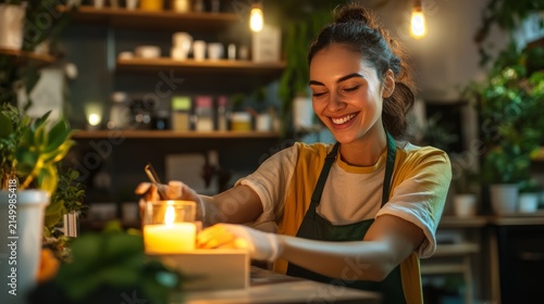 Candle Artisan's Serene Moment: A woman with a warm smile crafts a candle in her charming workshop, surrounded by lush plants and ambient lighting, exuding tranquility and creativity.