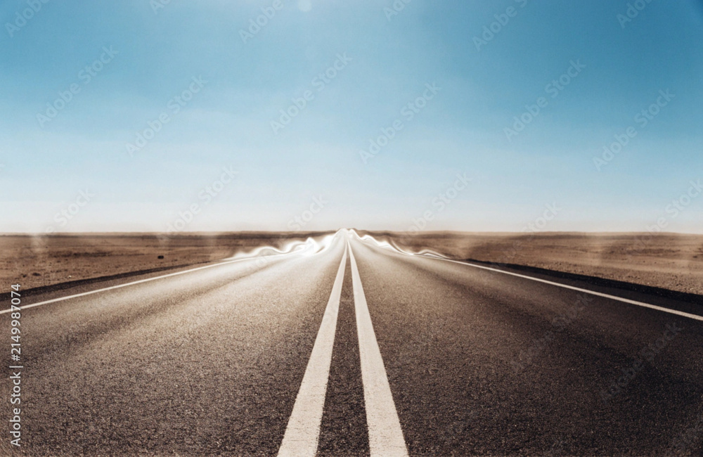 Obraz premium Road Mirage Sunlight Water Illusion Horizon Concept – Heat Haze, Optical Illusion, Empty Highway, Desert Road, Summer Heat and Atmospheric Perspective 