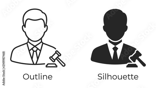 Foto Judge Icon: A clean outline and silhouette icon representing a judge, complete with a gavel, signifies justice, law, and legal authority