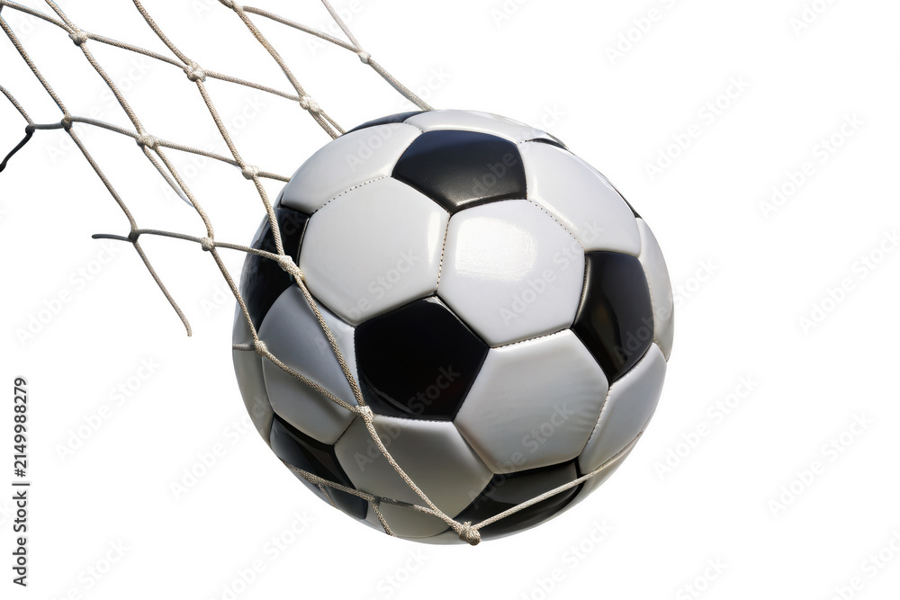 Fototapeta premium Soccer ball in goal net isolated on white background p n g a i generated sports equipment