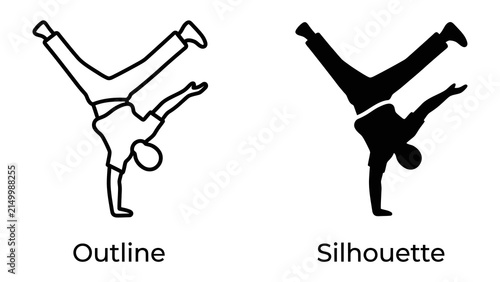 Bild auf Leinwand Breakdancing Pose Outline and Silhouette: A dynamic representation of breakdancing, showcasing a figure in a challenging acrobatic pose, depicted in both outline and solid silhouette styles