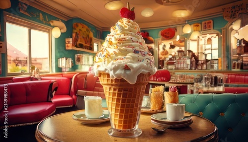 Giant Ice Cream Sundae in Retro Diner Setting.