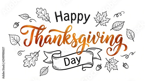 Decorative happy thanksgiving day greeting card design with hand drawn autumn leaves and a festive ribbon banner illustration