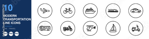 Transportation Line Icons Set with Various Vehicles and Modes of Transport. Modern Design Elements and Minimalist Style.