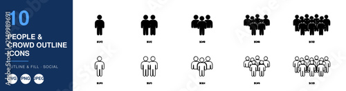 People & Crowd Outline Icons Set with Varying Group Sizes. Silhouette Figures Representing Individuals, Pairs, and Larger Gatherings.