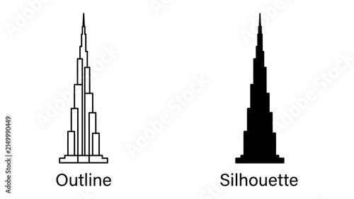 Konstfotografi Skyscraper Outline and Silhouette: A comparative graphic showing the distinct outline and solid silhouette of a modern skyscraper, presented side-by-side for architectural and design comparison