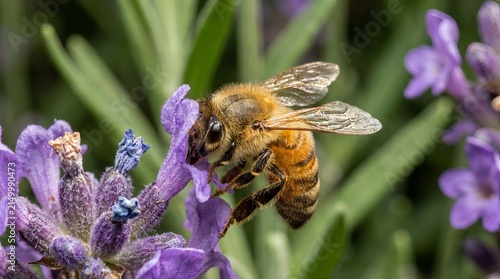 A detailed close up shot of a fuzzy honey bee collecting nectar and pollen from a vibrant purple lavender flower blossom