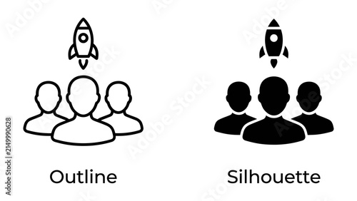 Startup Team: A graphic representation of a startup team, showcasing both outline and silhouette versions of a group of people beneath a rising rocket, symbolizing growth and new ventures.