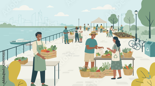 Farmers Market Scene with Diverse People Buying Fresh Produce