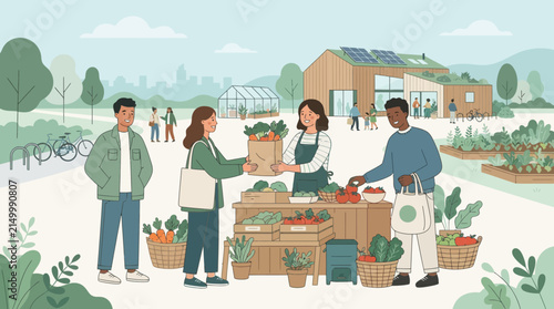 Farmers Market Scene: People Buying Fresh Produce from Stall