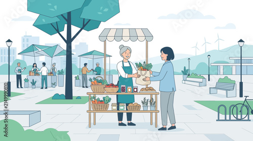 Farmer's market scene with fresh produce and happy shoppers