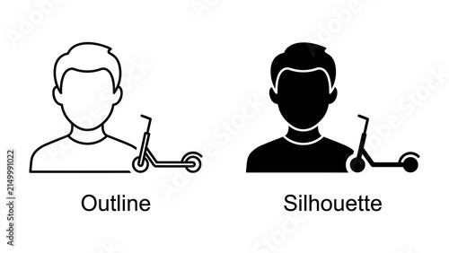 Scooter User Icons: A clear depiction of a person using a scooter, presented in both outline and silhouette styles, representing modern urban transportation.