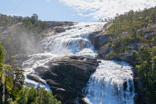 Nyastølfossen Waterfall in Husedalen Valley Near Kinsarvik, Norway