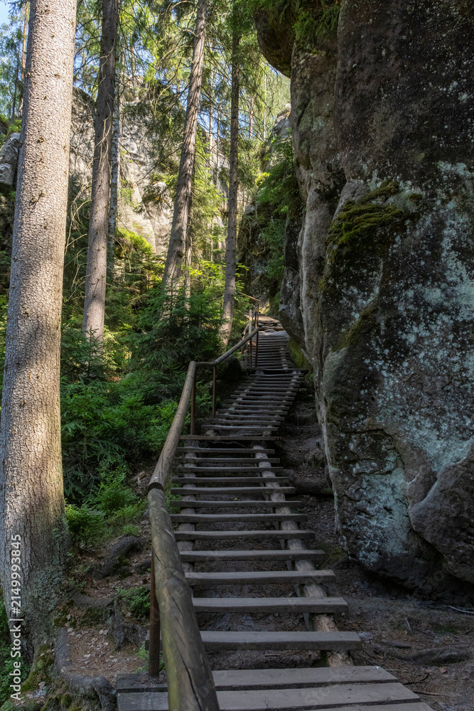Obraz premium the breathtaking Adersbach Rock Gorge called Adršpašsko-Teplické skály in czech republic in summer. High, steep cliffs and narrow hiking trails with stunning plays of light amidst unspoiled nature.