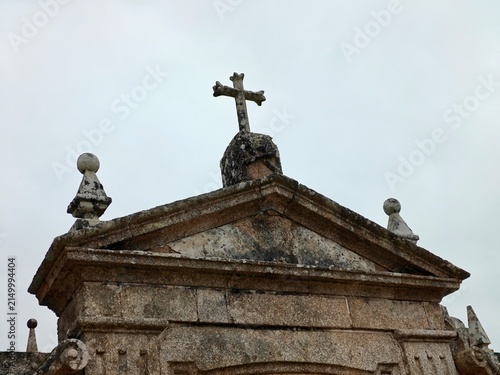 Historic Church Facade with Cross in Galicia Spain
