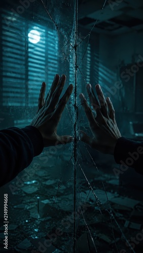Hands Touching Broken Glass in Dark Office for Corporate Strategy Concept
