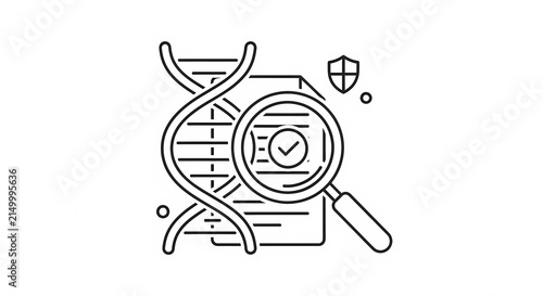 DNA helix research and analysis with magnifying glass and shield icon.