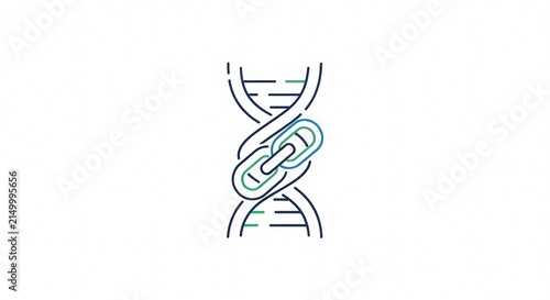 DNA helix with a chain link symbol representing genetic connection.