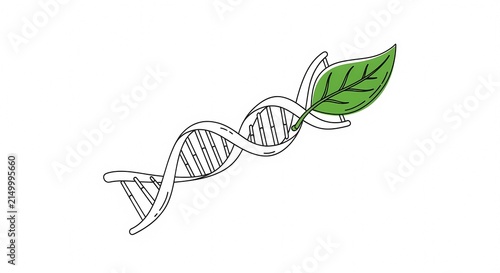DNA helix with a green leaf symbolizing biotechnology and nature.