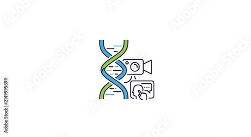 DNA helix with camera and screen icon representing genetic research and video documentation.