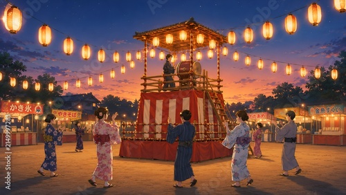 日暮れ時の空の下で提灯が灯り人々が輪になって踊る日本の伝統的な盆踊りのお祭り風景