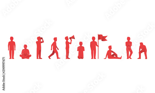 Foto Diverse silhouettes of people in various poses, red on white standing