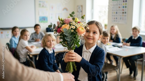 Schoolgirl giving flower bouquet to teacher in classroom
