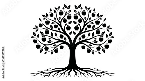 Decorative black apple tree illustration with detailed roots isolated on a clean white background design element