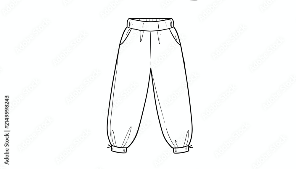 Obraz premium Comfortable loose fit joggers or sweatpants trousers with elastic waist shown in minimalist hand drawn outline.