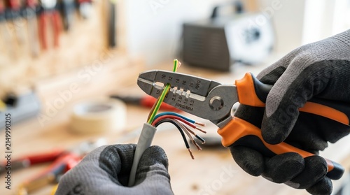 Electrician stripping insulation from electrical wires using wire stripper pliers in a workshop for electrical installation and repair work