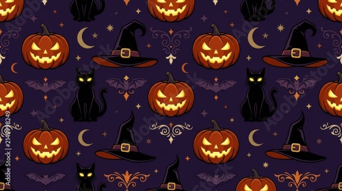 Halloween seamless pattern with pumpkin cat and witch hat