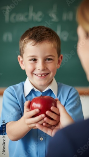 Schoolboy giving red apple to teacher in classroom
