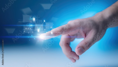 Digital interface icon touching hand on blue background