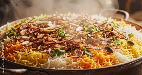 Hot aromatic rice dish being revealed from under a metal lid, close up of steamed basmati rice with fried onions and spices in a traditional pot.