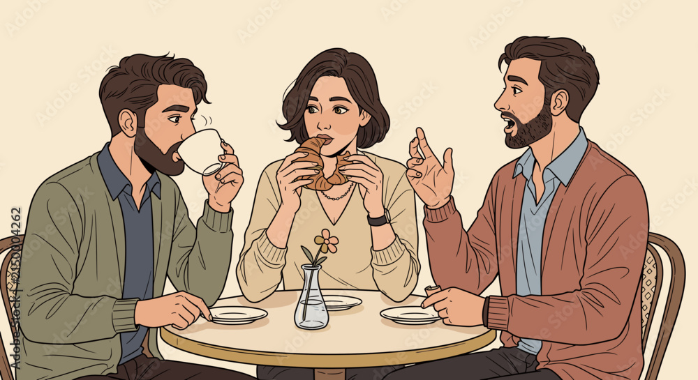 Obraz premium Three friends sitting at a cafe table drinking coffee and eating pastries