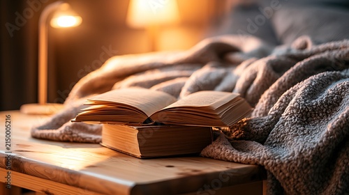 Cozy bedroom reading nook with book and soft lighting